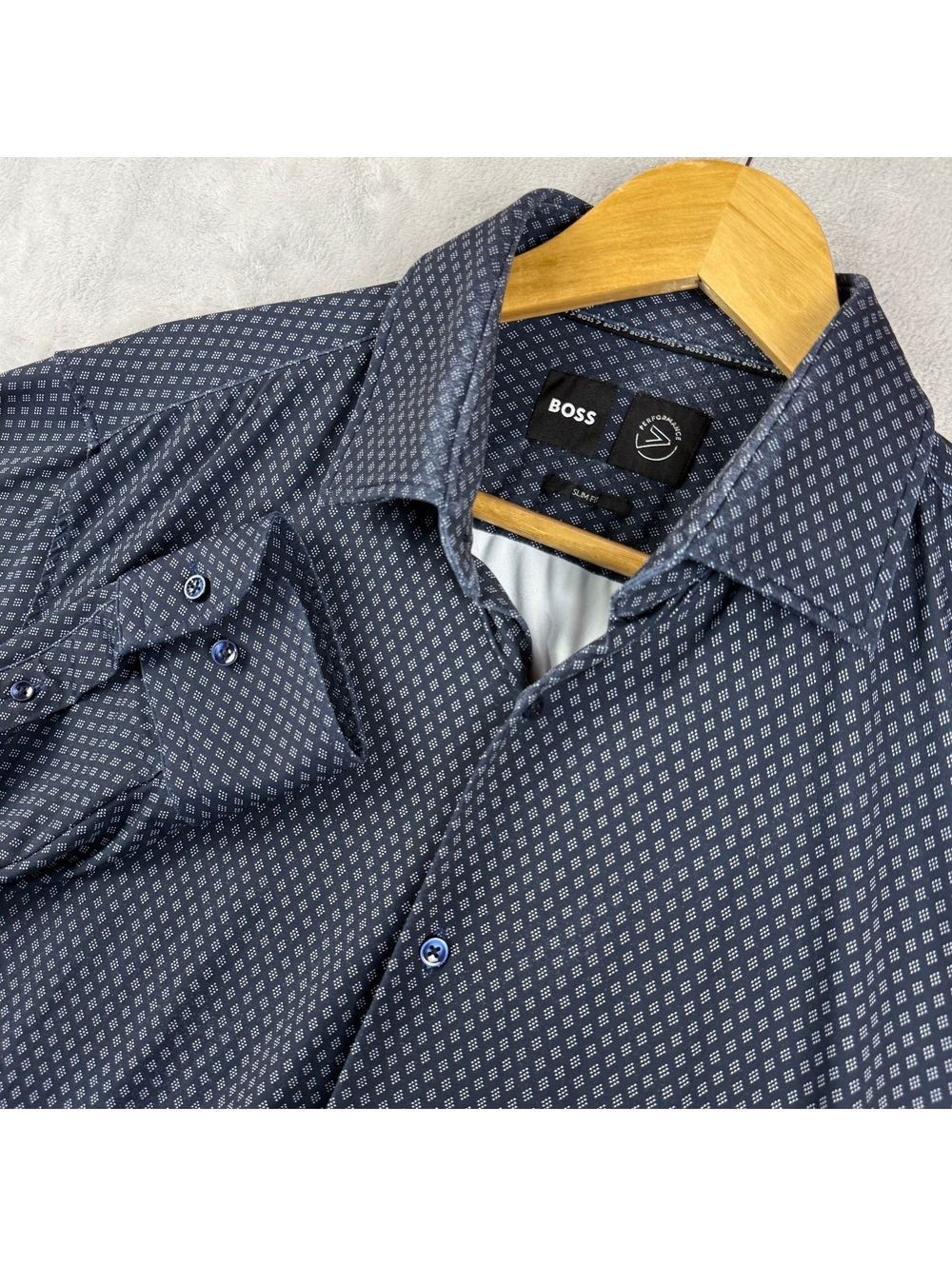 BOSS Men’s 16 Slim Fit Performance Navy Geometric Long Sleeve Dress Shirt Preppy